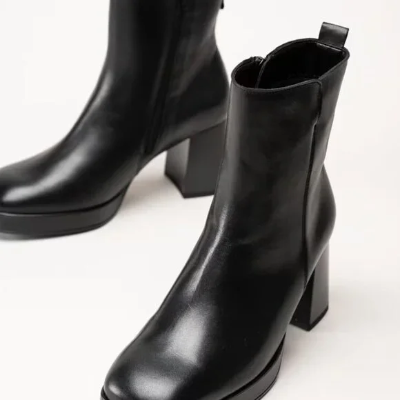 NEW GABOR Black Leather Platform Boots Block Heel Side Zipper Ankle - Size 5.5 - Picture 6 of 16